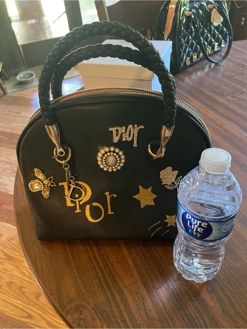 Black  leather Embellished Satchel Handbag with Gold Accents 11 inche wide.